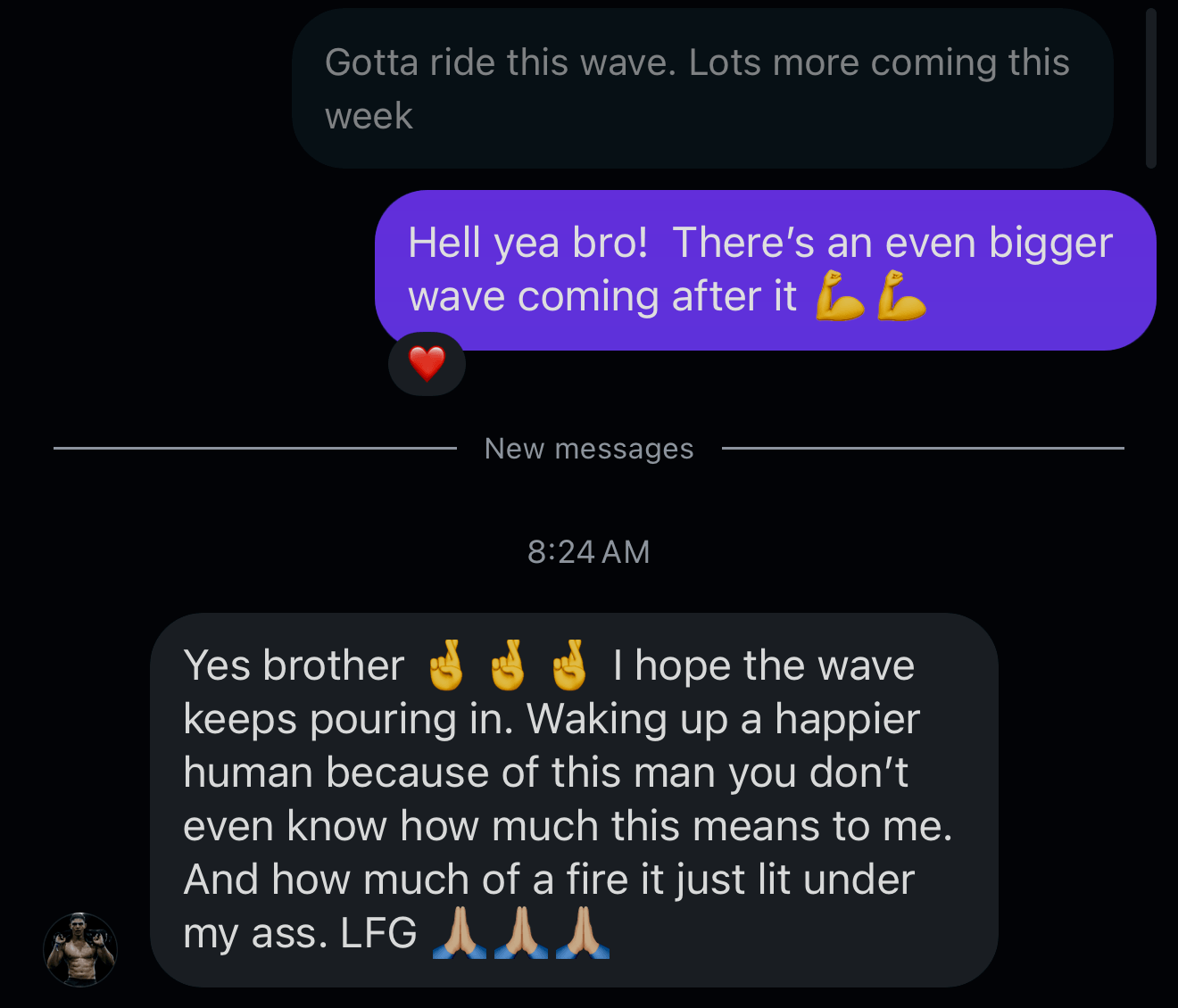Text message thread: Gotta ride this wave, lots more coming this week