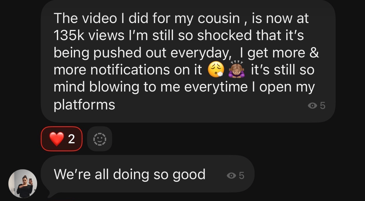 Community message from a VCA member: the video I did for my cousin is now at 135k views and is being pushed out every day
