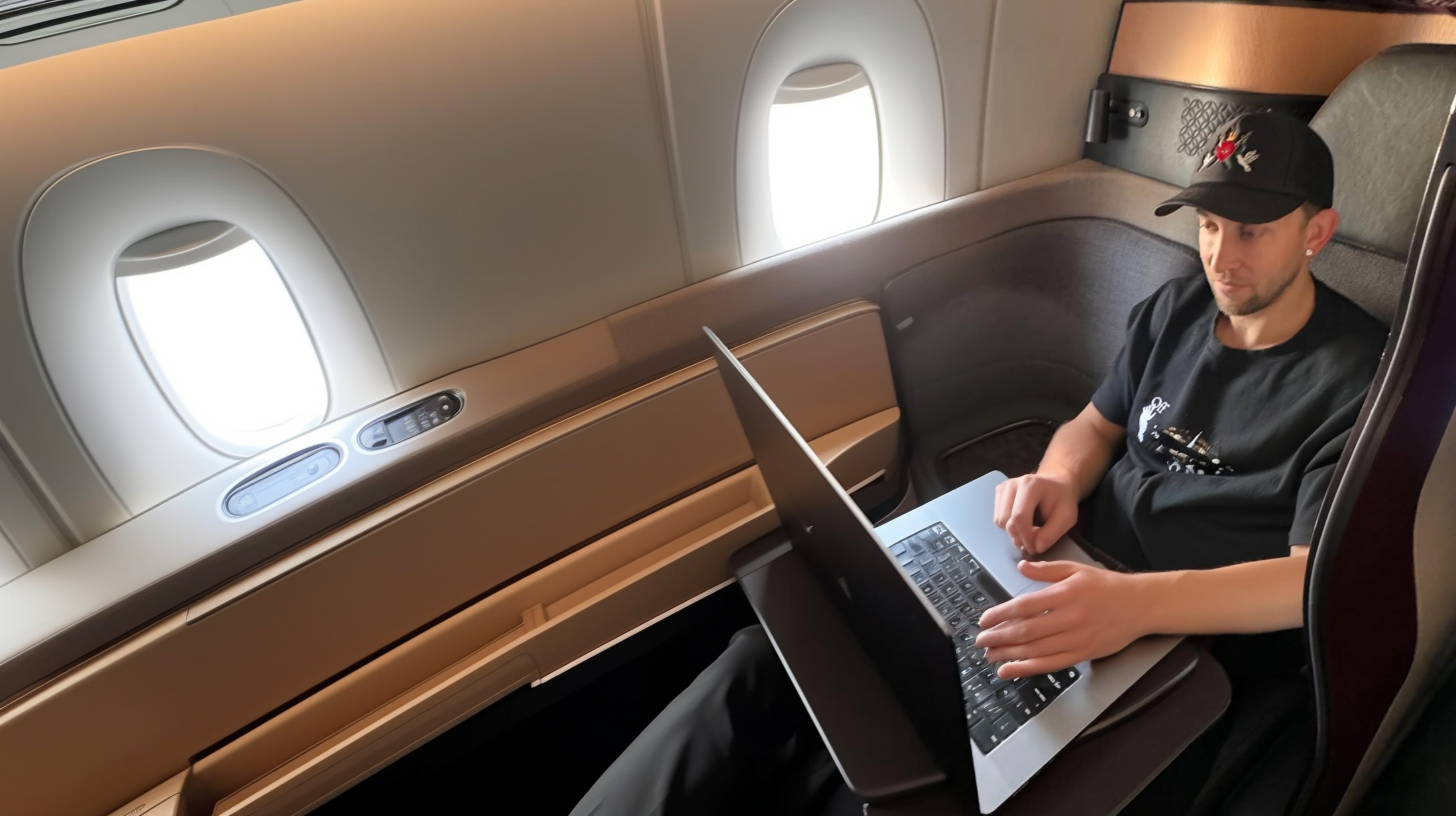 Matt working on his laptop from a plane seat