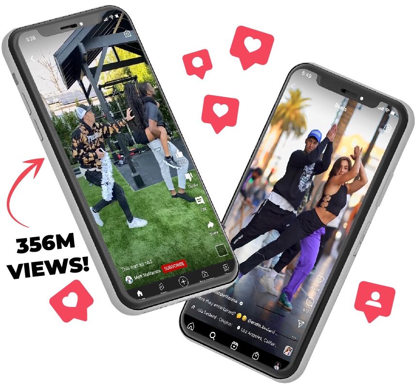 Two phones playing viral dance reels with 356M views
