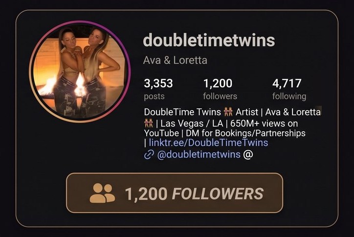 doubletimetwins Instagram profile before: 1,200 followers