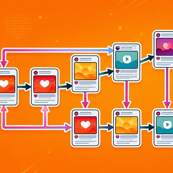 Orange content-flow board of posts linked day to day