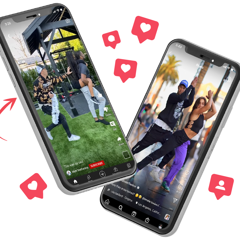 Two phones playing viral dance reels with 356M views and like hearts