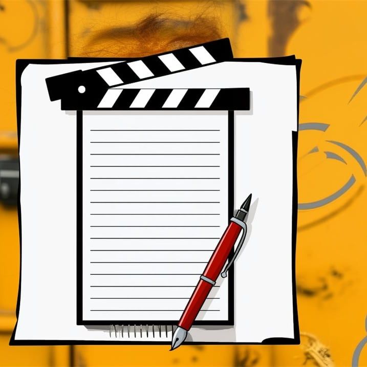 Comic clipboard with a written page, pen and clapper on orange