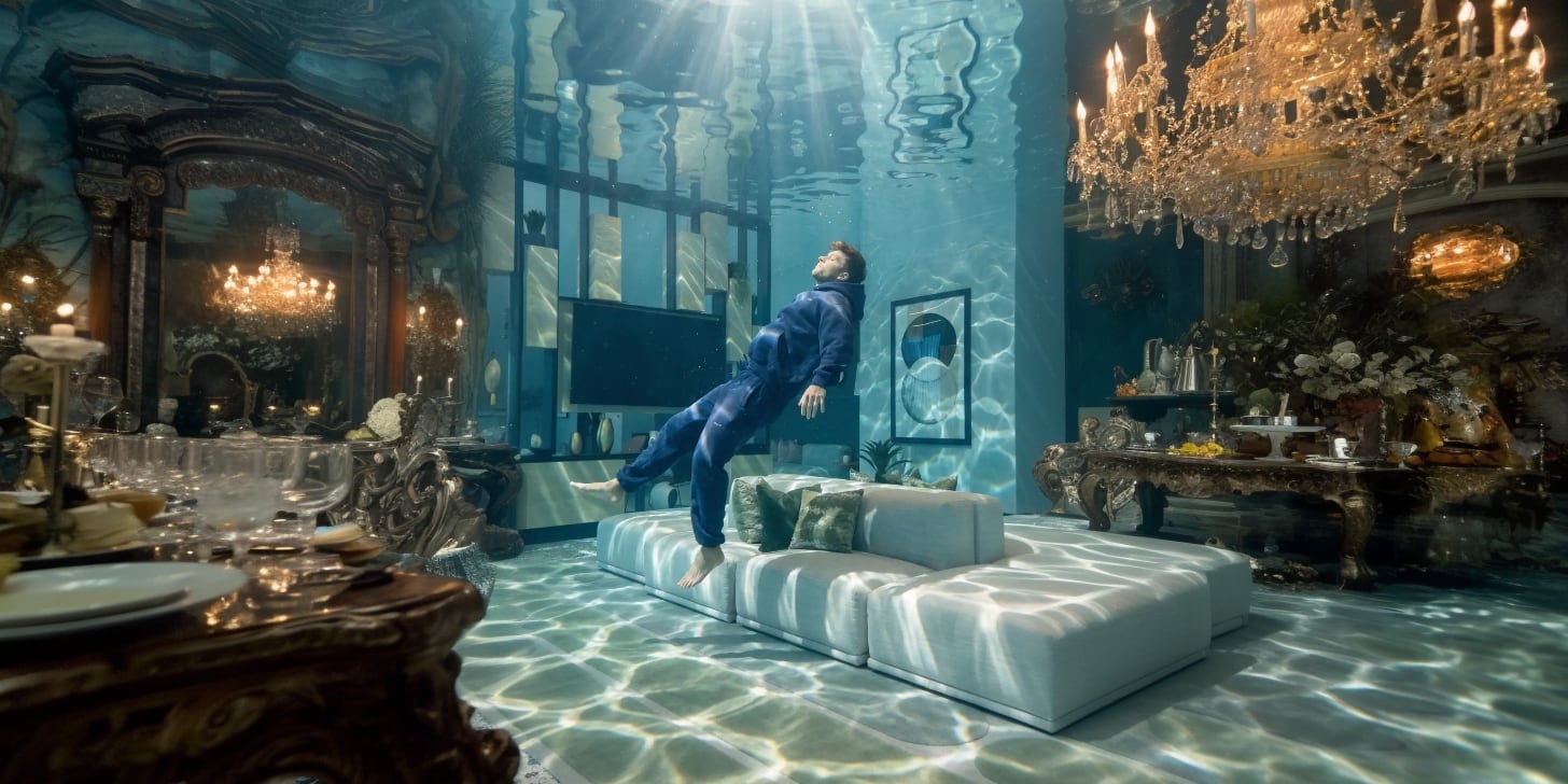 Man floating in a flooded chandelier-lit living room, underwater cinematic scene